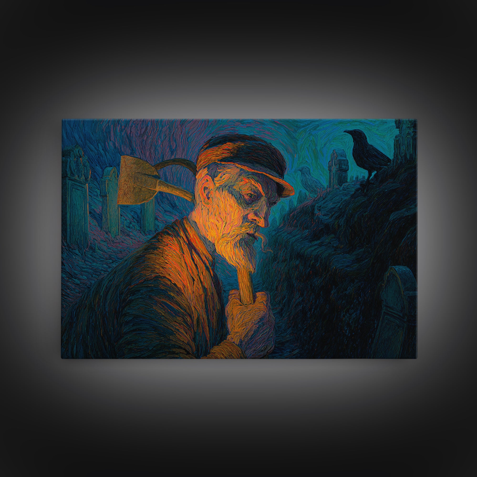 The Lantern Gravedigger, Expressionist Gothic Art, Landscape Wall Art, Macabre Wall Art, Canvas Print, Halloween Wall Art, Halloween Decor