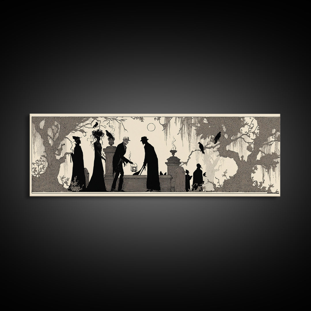 The Lantern Gravedigger, Decadent Line Art, Extra Wide Wall Art, Macabre Wall Art, Canvas Print, Halloween Wall Art