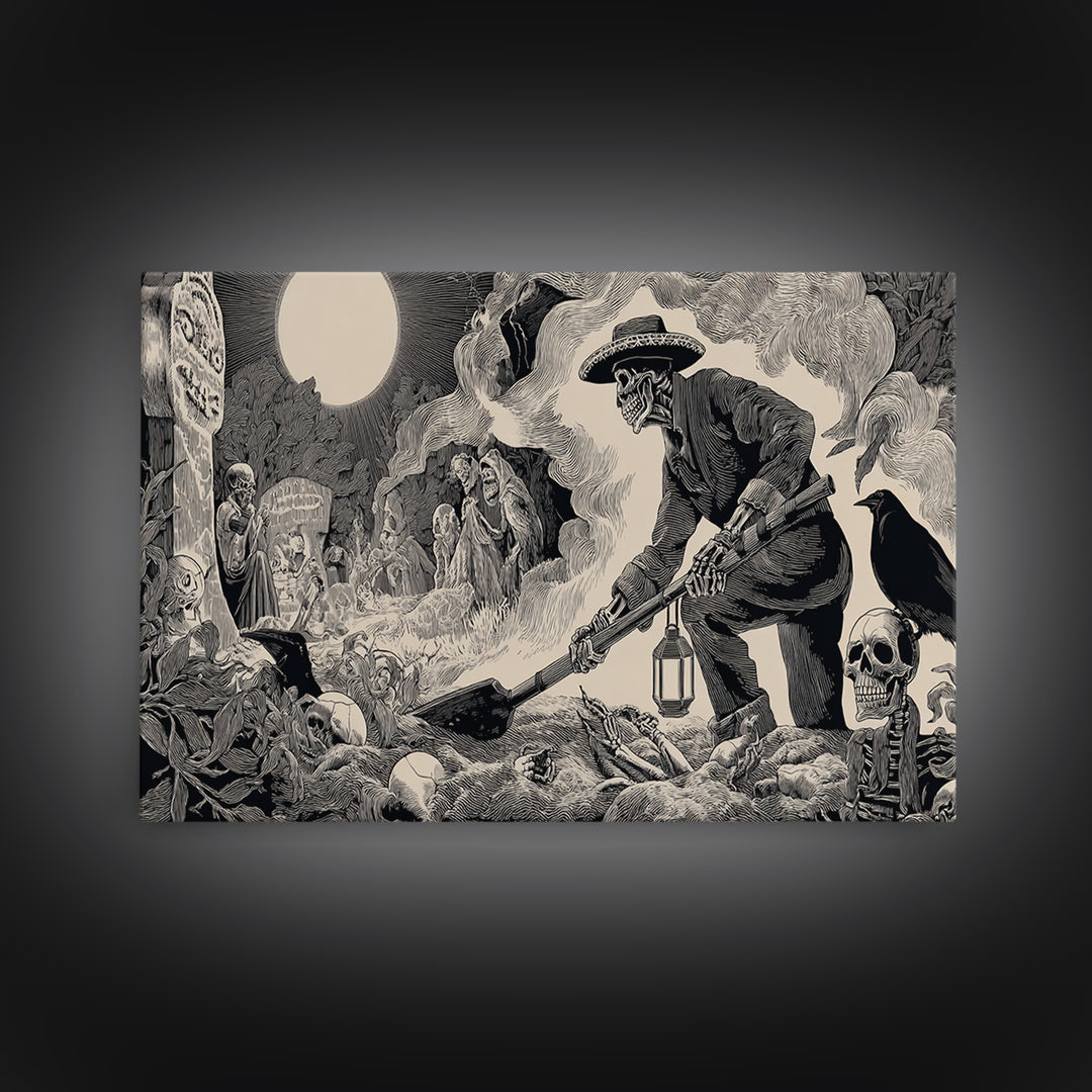 The Lantern Gravedigger, Macabre Folk Print Art, Wide Panoramic Art, Macabre Wall Art, Canvas Print, Halloween Wall Art