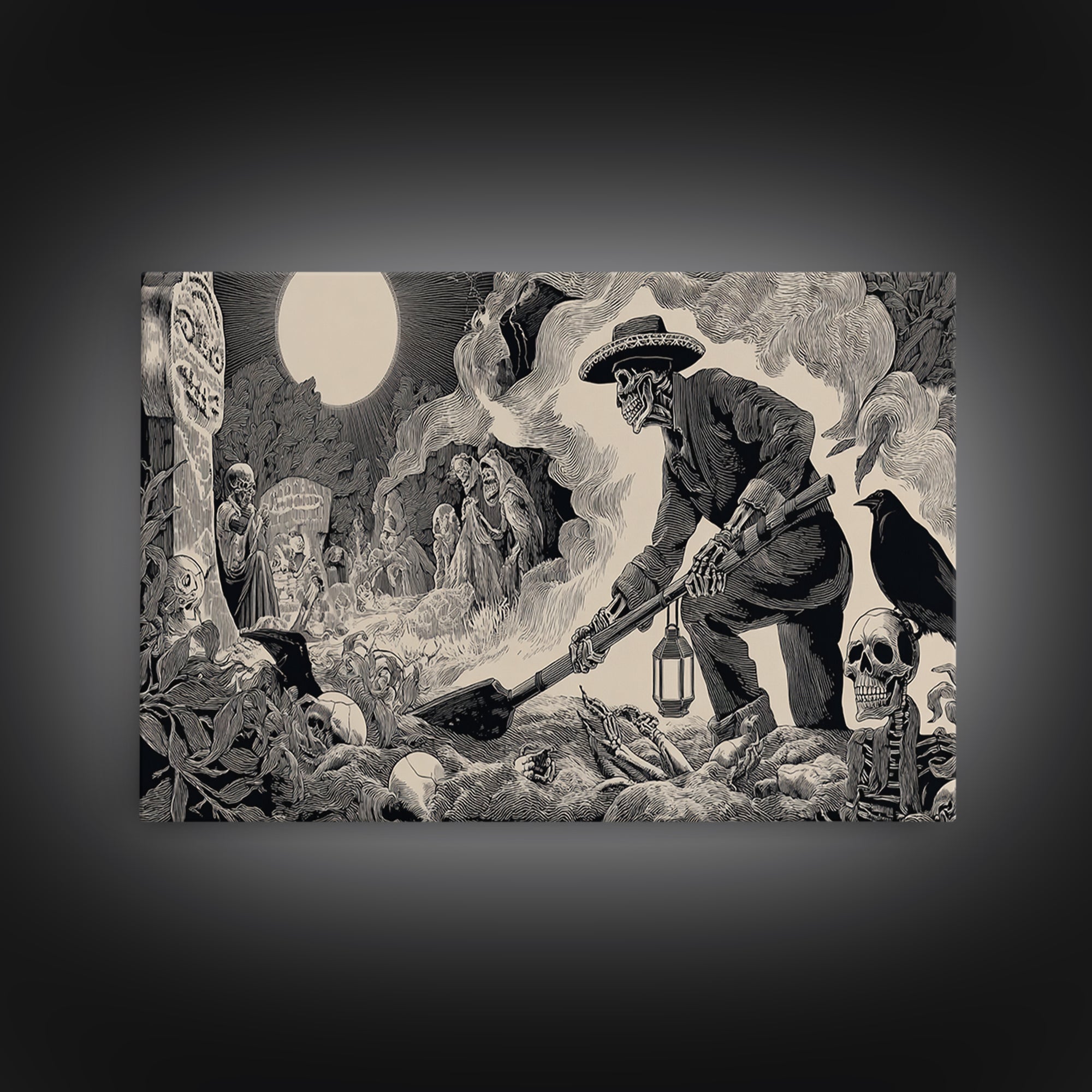 The Lantern Gravedigger, Macabre Folk Print Art, Wide Panoramic Art, Macabre Wall Art, Canvas Print, Halloween Wall Art