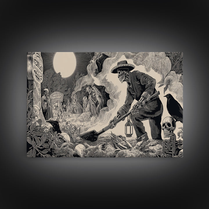 The Lantern Gravedigger, Macabre Folk Print Art, Wide Panoramic Art, Macabre Wall Art, Canvas Print, Halloween Wall Art