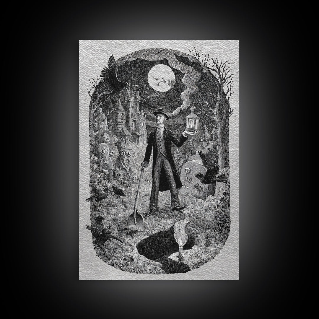 The Lantern Gravedigger, Victorian Macabre Art, Vertical Wall Art, Dark Fantasy Wall Art, Canvas Print, Halloween Wall Art