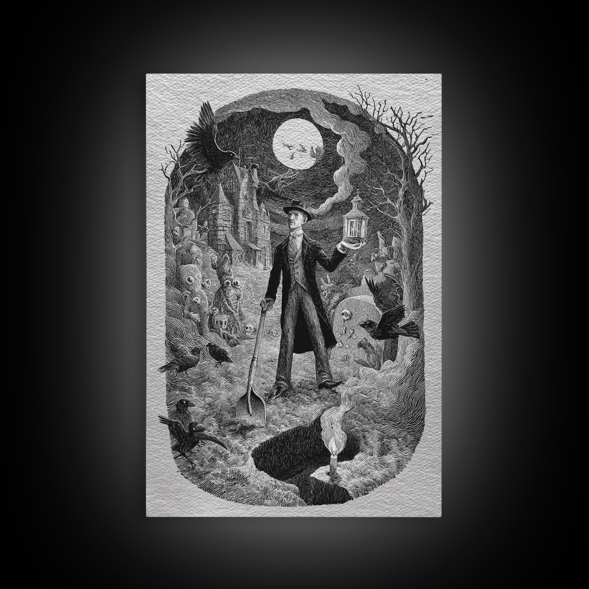 The Lantern Gravedigger, Victorian Macabre Art, Vertical Wall Art, Dark Fantasy Wall Art, Canvas Print, Halloween Wall Art