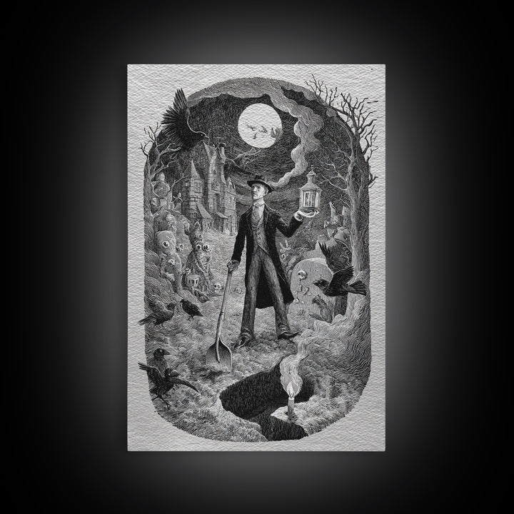 The Lantern Gravedigger, Victorian Macabre Art, Vertical Wall Art, Dark Fantasy Wall Art, Canvas Print, Halloween Wall Art