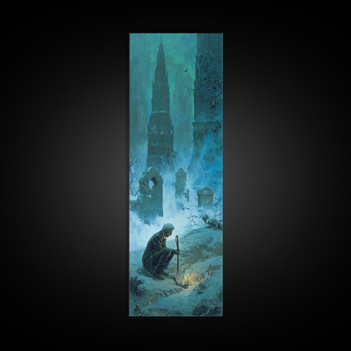 The Lantern Gravedigger, Surreal Apocalyptic Art, Tall Narrow Wall Art, Dark Halloween Decor, Framed Canvas Print, Dark Fantasy Art
