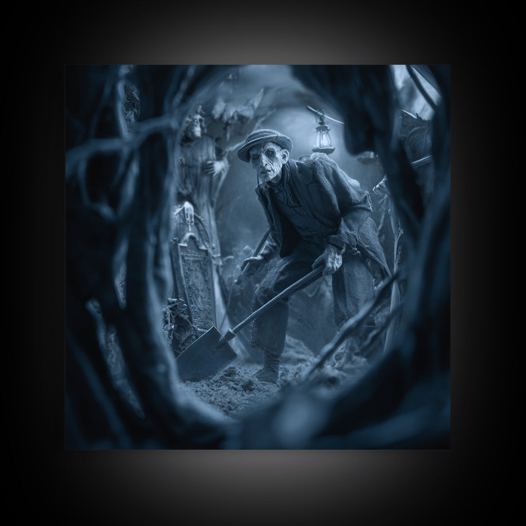 The Lantern Gravedigger, Biomechanical Horror Art, Square Wall Art, Macabre Wall Art, Canvas Print, Halloween Wall Art, Gothic Home Decor