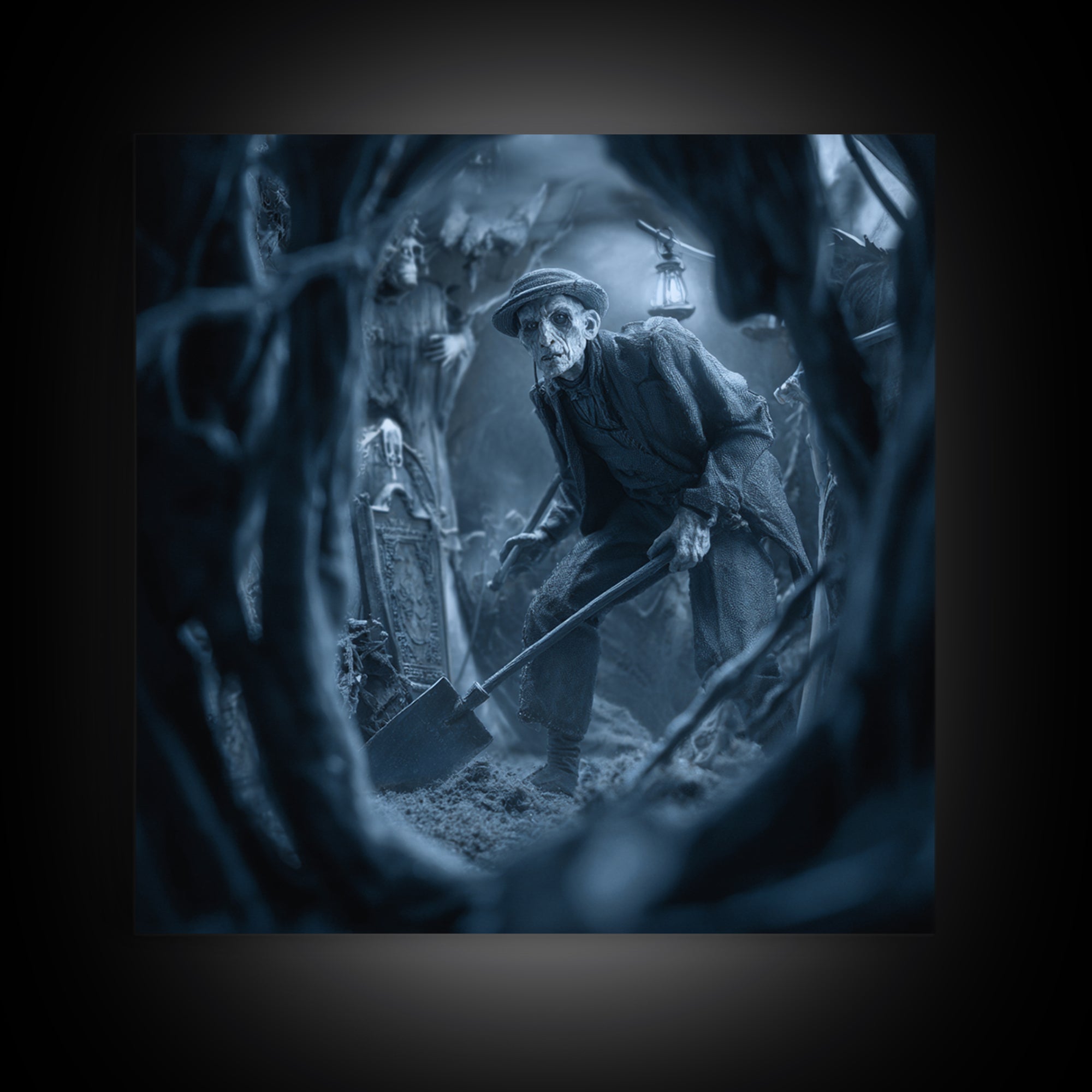 The Lantern Gravedigger, Biomechanical Horror Art, Square Wall Art, Macabre Wall Art, Canvas Print, Halloween Wall Art, Gothic Home Decor