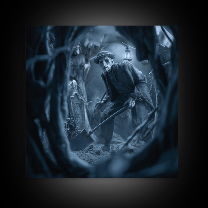 The Lantern Gravedigger, Biomechanical Horror Art, Square Wall Art, Macabre Wall Art, Canvas Print, Halloween Wall Art, Gothic Home Decor