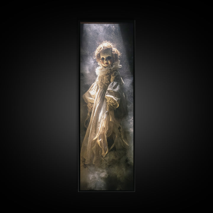 The Haunted Porcelain Doll, Gothic Engraving Art, Tall Narrow Wall Art, Dark Halloween Decor, Framed Canvas Print, Halloween Wall Art