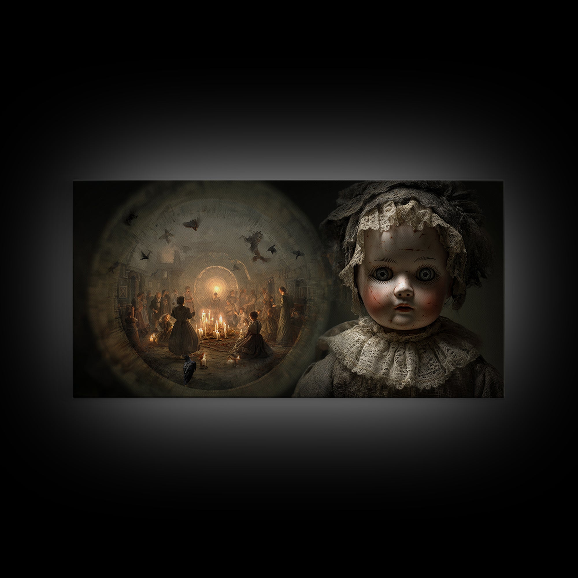 The Haunted Porcelain Doll, Northern Renaissance Horror, Wide Panoramic Art, Dark Halloween Decor, Framed Canvas Print