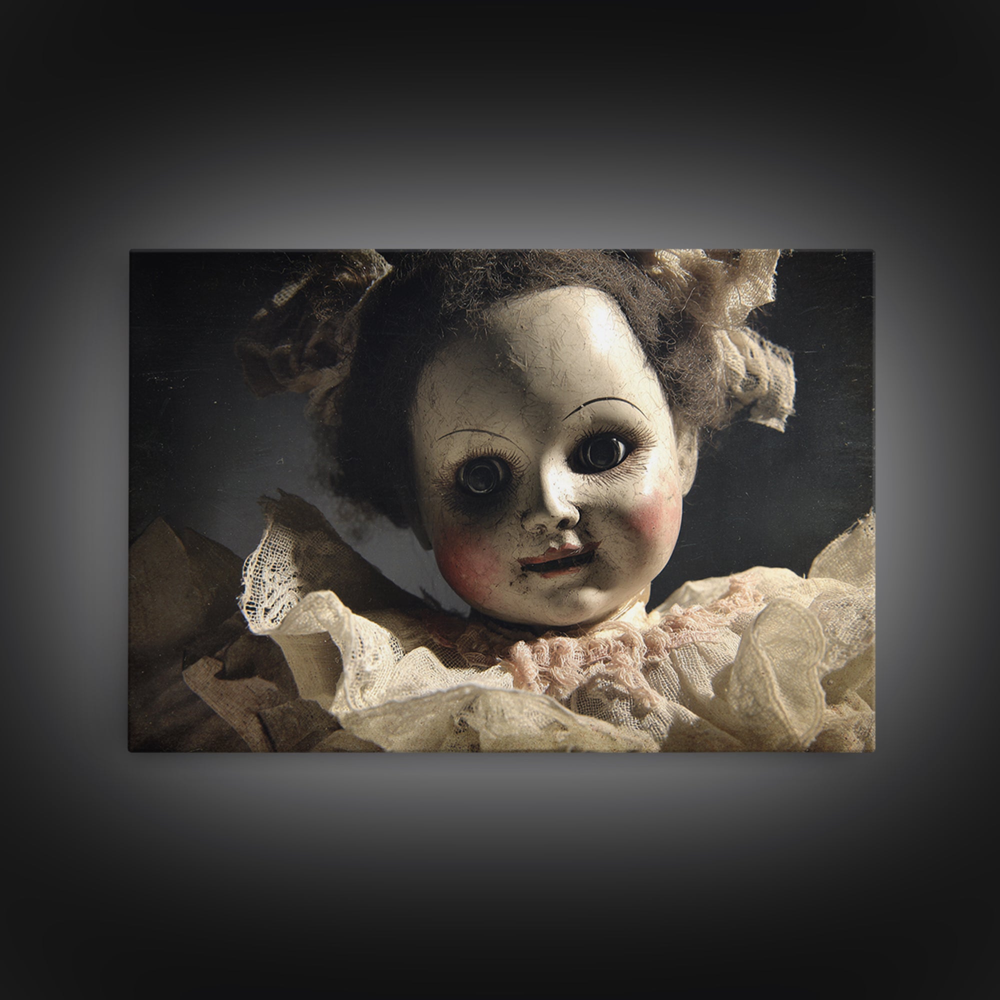 The Haunted Porcelain Doll, Dark Romantic Horror Art, Landscape Wall Art, Dark Halloween Decor, Framed Canvas Print, Halloween Wall Art