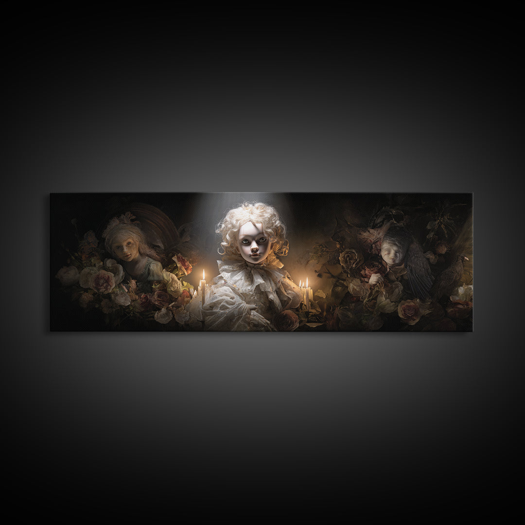 The Haunted Porcelain Doll, Gothic Nightmare Art, Extra Wide Wall Art, Dark Halloween Decor, Framed Canvas Print, Halloween Wall Art