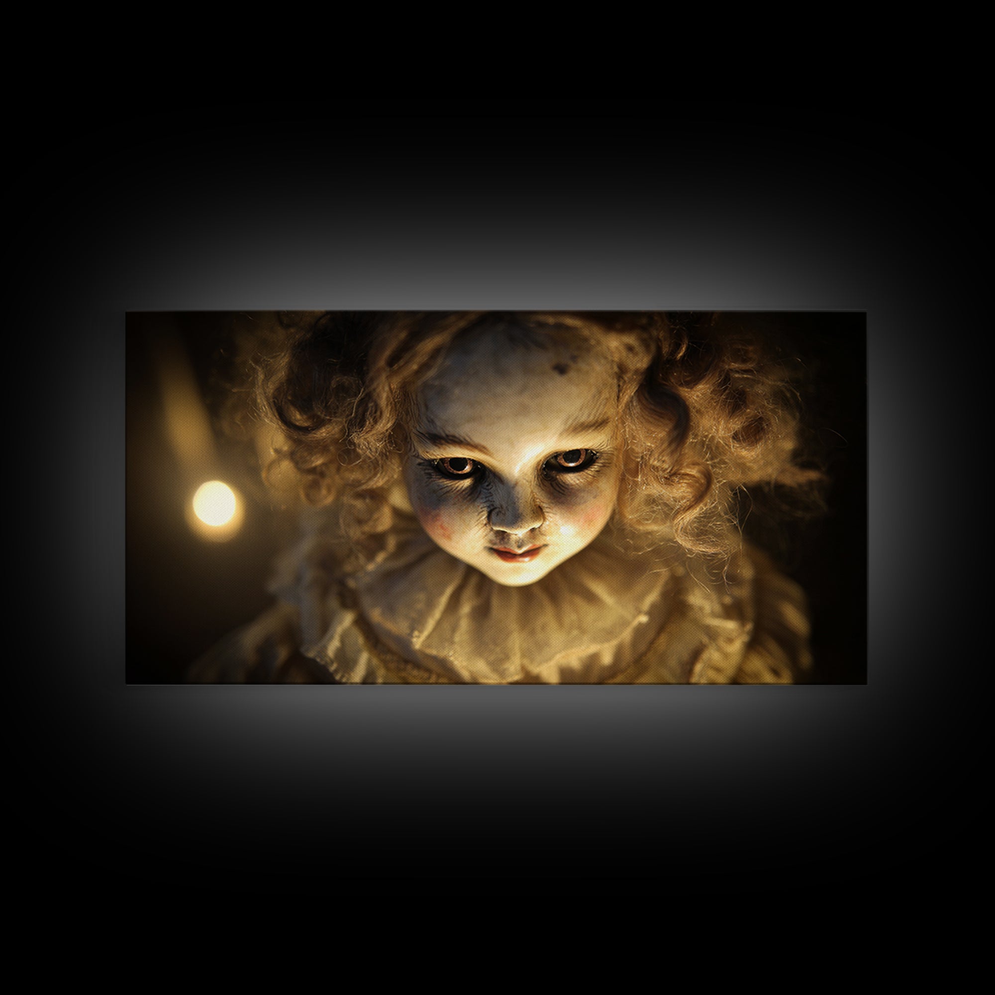 The Haunted Porcelain Doll, Visionary Gothic Art, Wide Panoramic Art, Dark Halloween Decor, Canvas Print, Halloween Wall Art