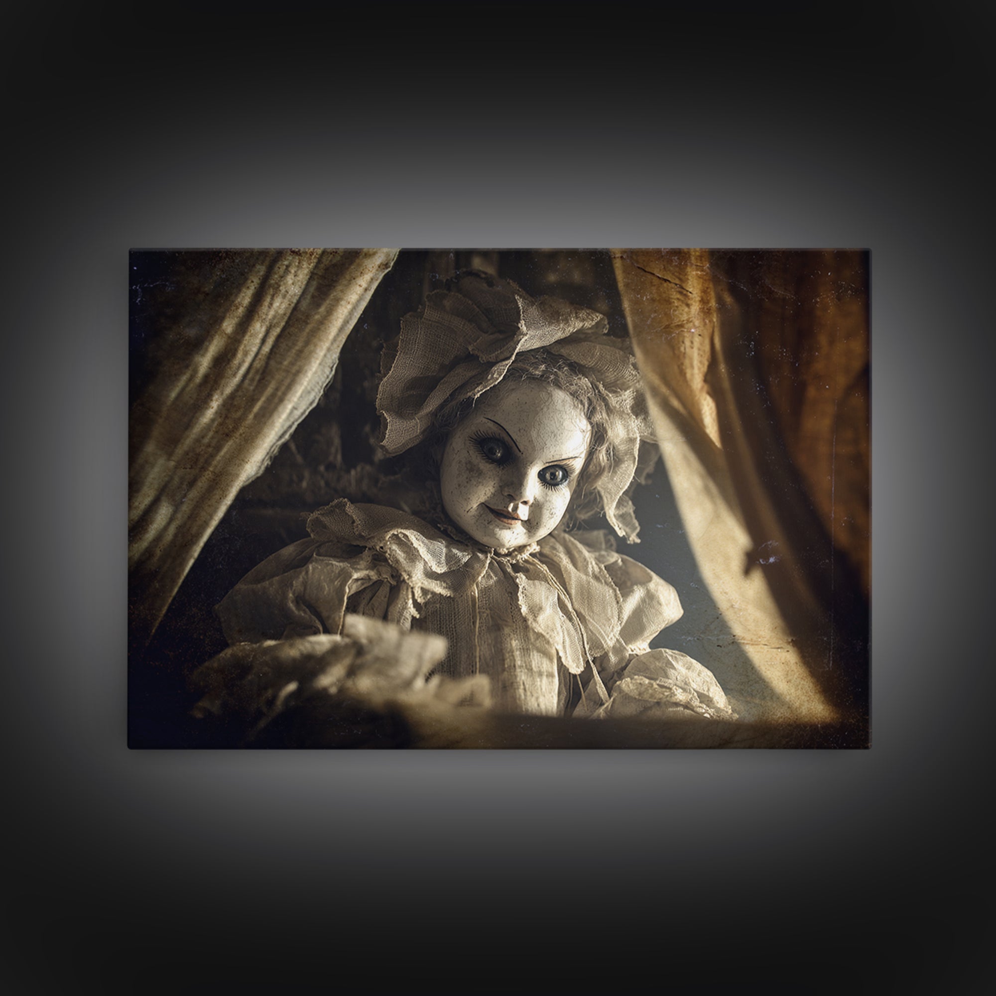The Haunted Porcelain Doll, Architectural Etching Art, Landscape Wall Art, Dark Halloween Decor, Framed Canvas Print
