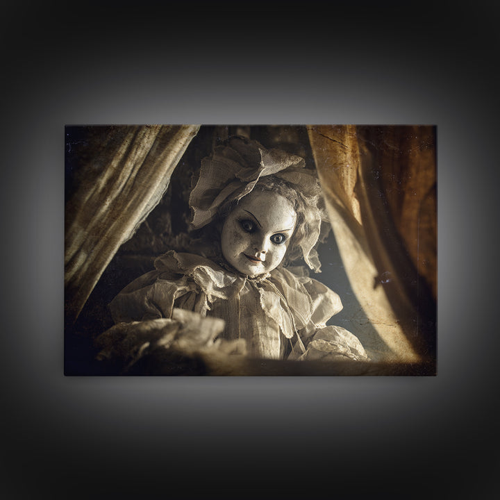 The Haunted Porcelain Doll, Architectural Etching Art, Landscape Wall Art, Dark Halloween Decor, Framed Canvas Print