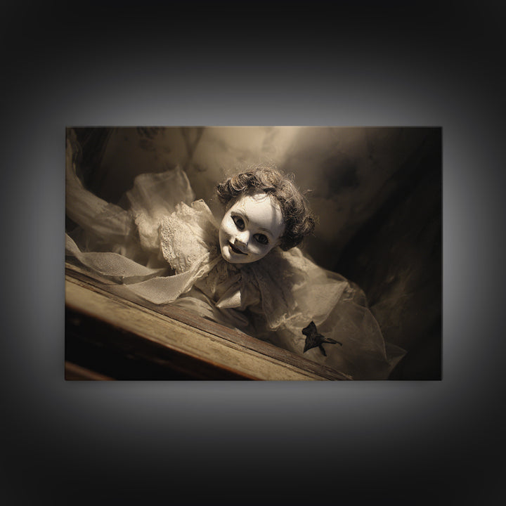 The Haunted Porcelain Doll, Dark Symbolist Art, Landscape Wall Art, Dark Fantasy Wall Art, Framed Canvas Print, Halloween Wall Art