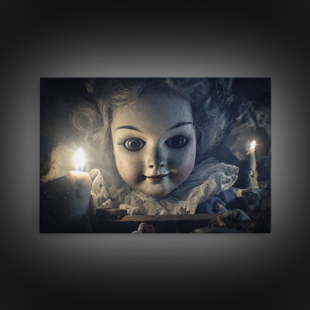 The Haunted Porcelain Doll, Symbolist Etching Art, Landscape Wall Art, Dark Halloween Decor, Canvas Print, Halloween Wall Art