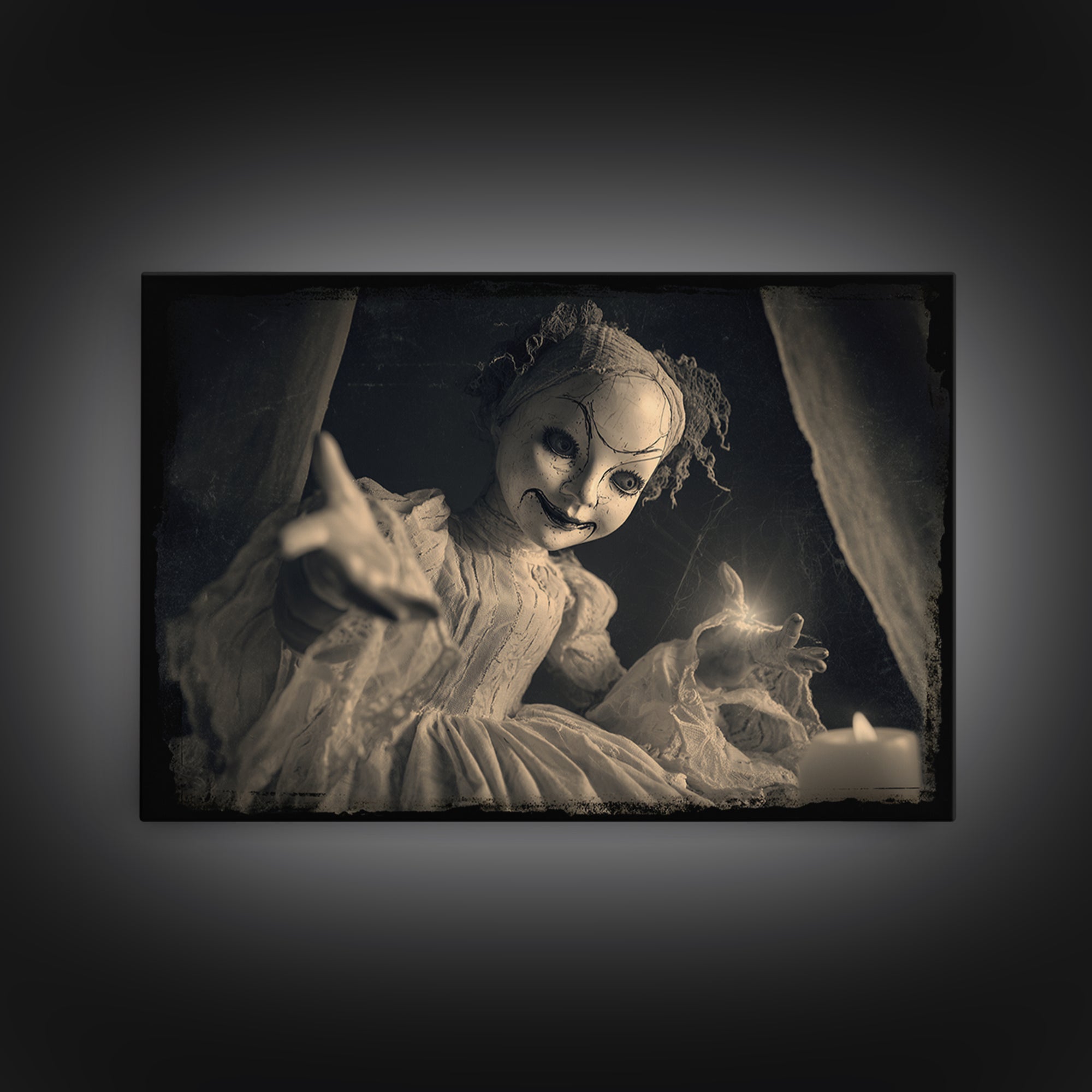 The Haunted Porcelain Doll, Decadent Line Art, Landscape Wall Art, Dark Fantasy Wall Art, Framed Canvas Print