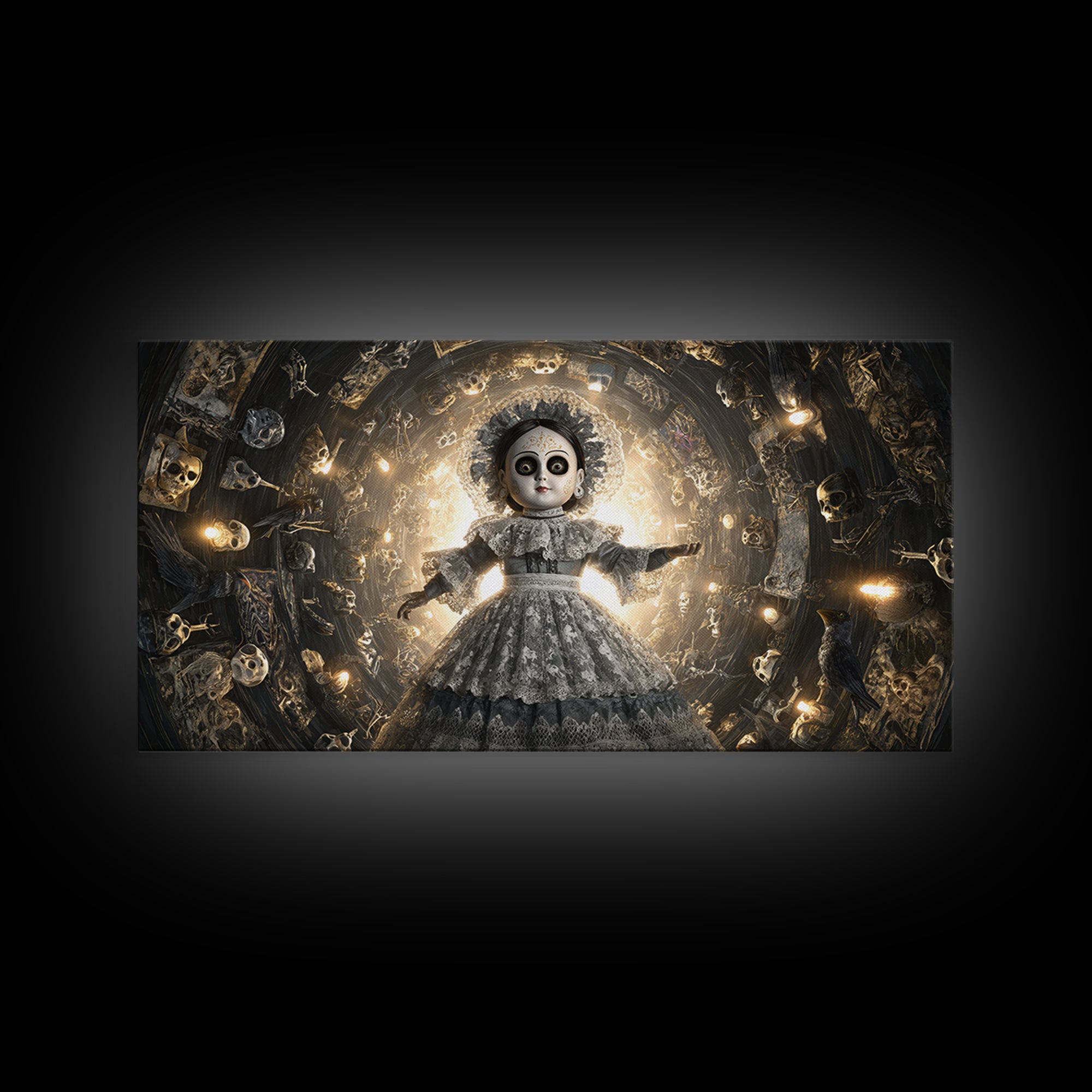 The Haunted Porcelain Doll, Macabre Folk Print Art, Wide Panoramic Art, Gothic Horror Wall Art, Framed Canvas Print