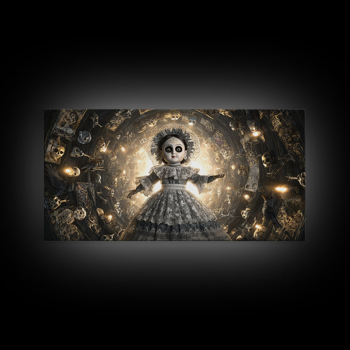 The Haunted Porcelain Doll, Macabre Folk Print Art, Wide Panoramic Art, Gothic Horror Wall Art, Framed Canvas Print