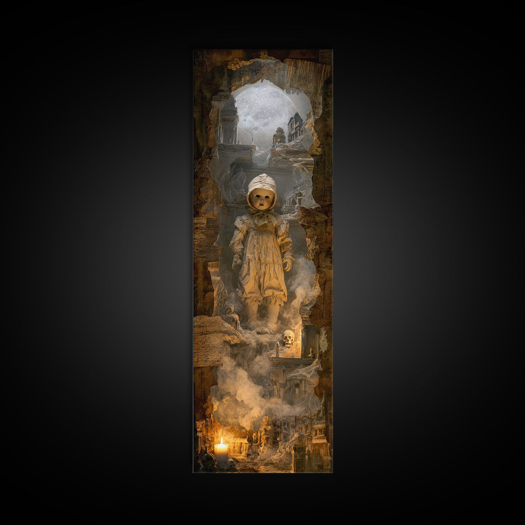 The Haunted Porcelain Doll, Surreal Apocalyptic Art, Tall Narrow Wall Art, Dark Halloween Decor, Canvas Print, Halloween Wall Art