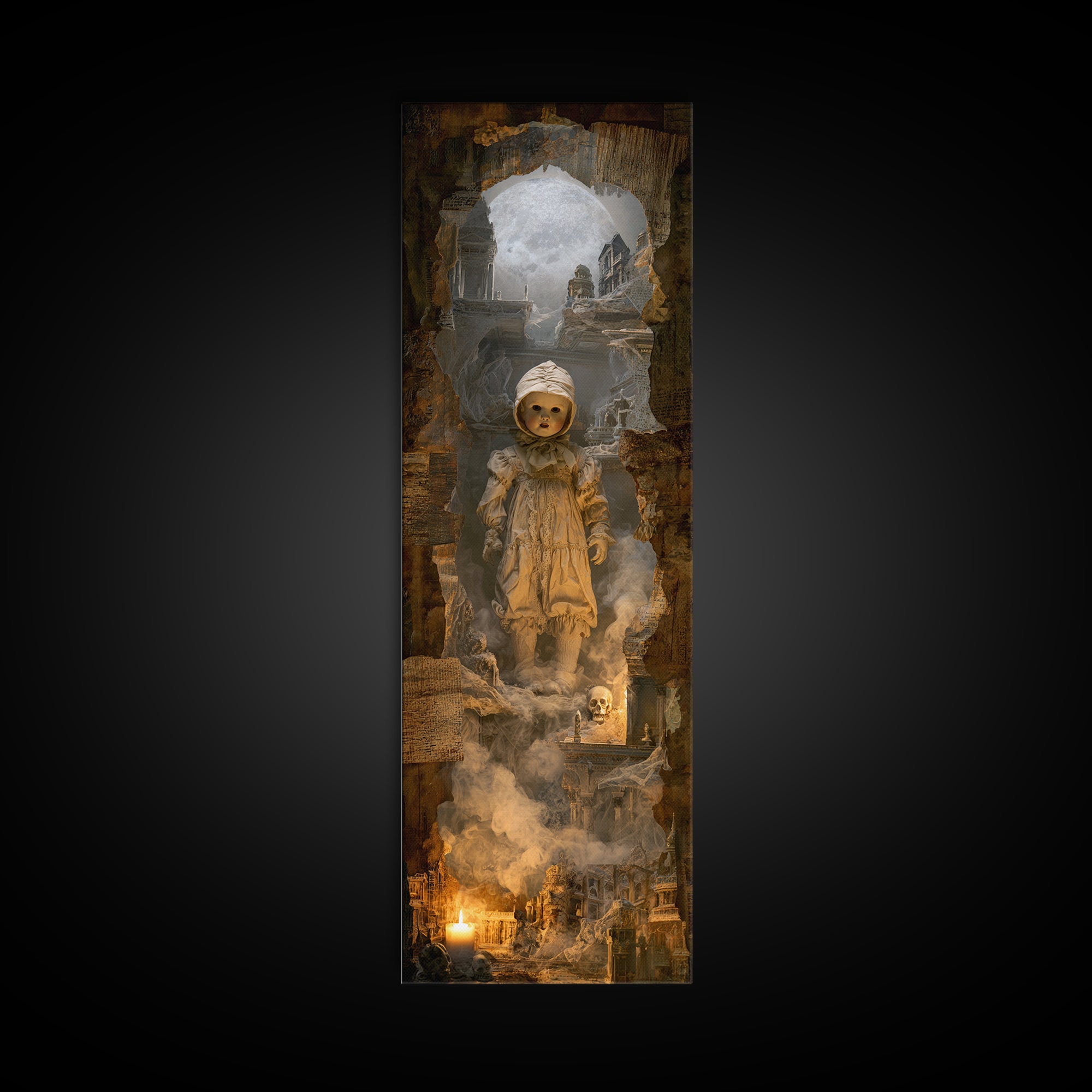 The Haunted Porcelain Doll, Surreal Apocalyptic Art, Tall Narrow Wall Art, Dark Halloween Decor, Canvas Print, Halloween Wall Art