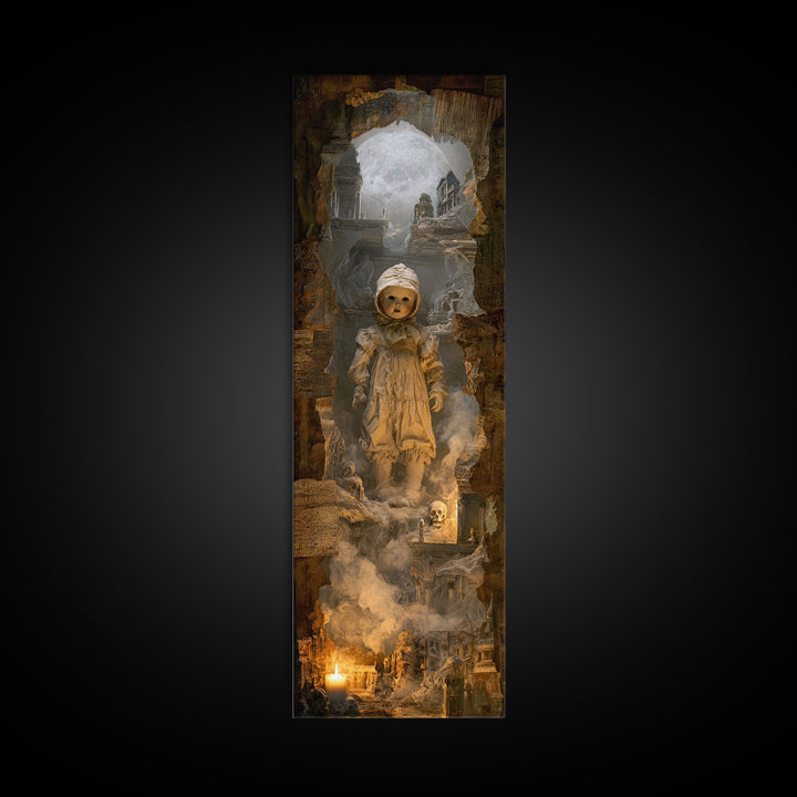 The Haunted Porcelain Doll, Surreal Apocalyptic Art, Tall Narrow Wall Art, Dark Halloween Decor, Canvas Print, Halloween Wall Art