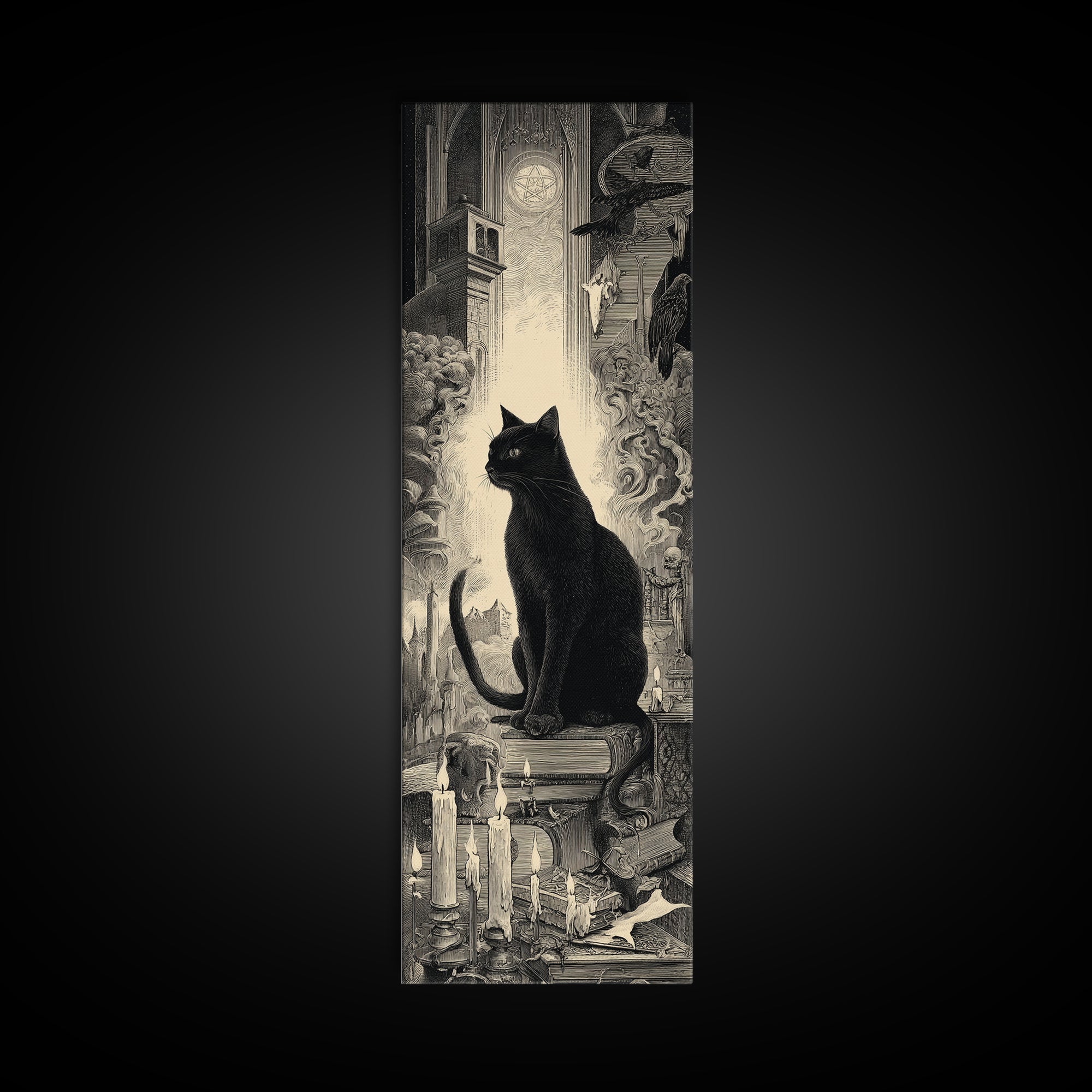 The Black Cat Familiar, Gothic Engraving Art, Tall Narrow Wall Art, Macabre Wall Art, Framed Canvas Print, Halloween Wall Art