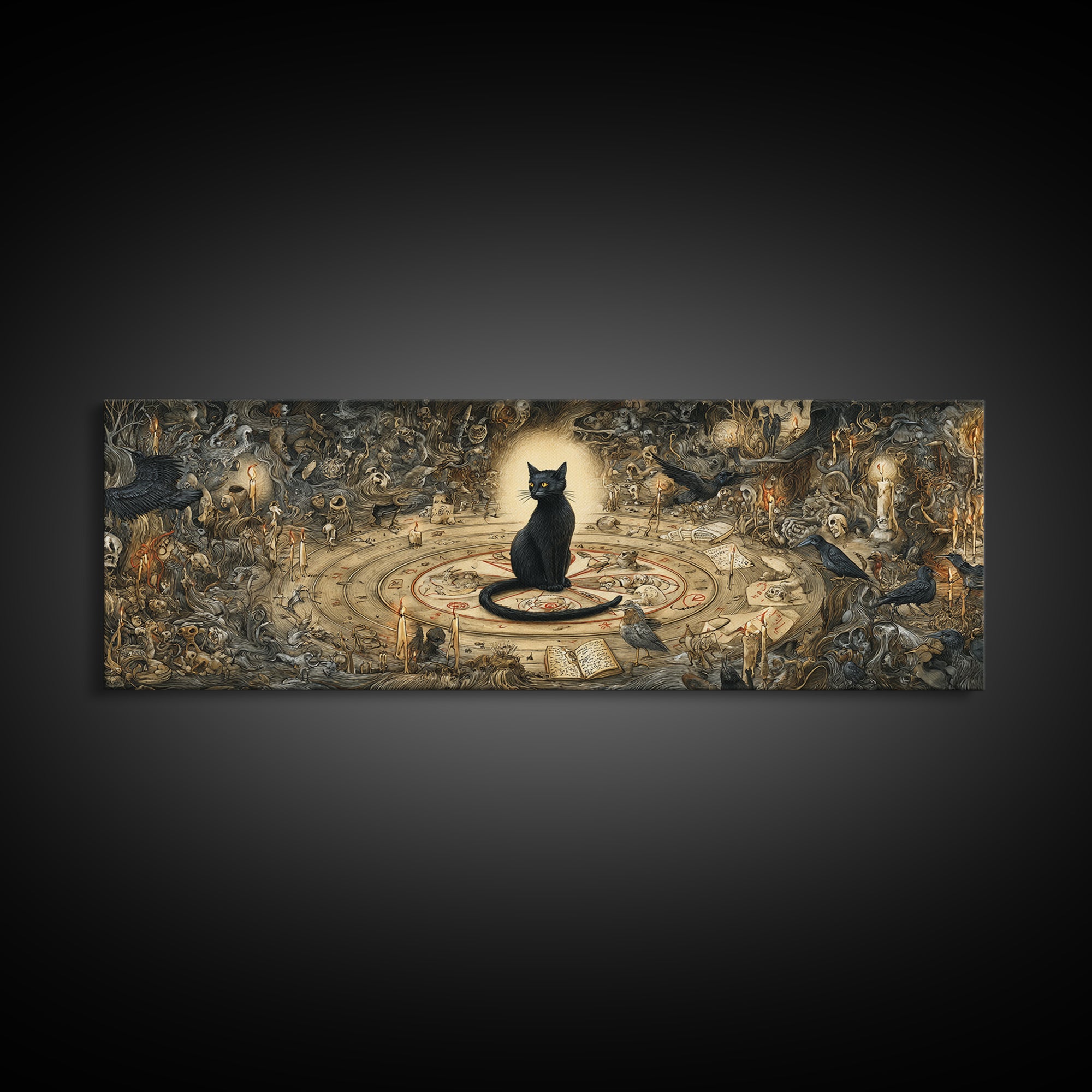 The Black Cat Familiar, Medieval Grotesque Art, Extra Wide Wall Art, Dark Halloween Decor, Canvas Print, Halloween Wall Art