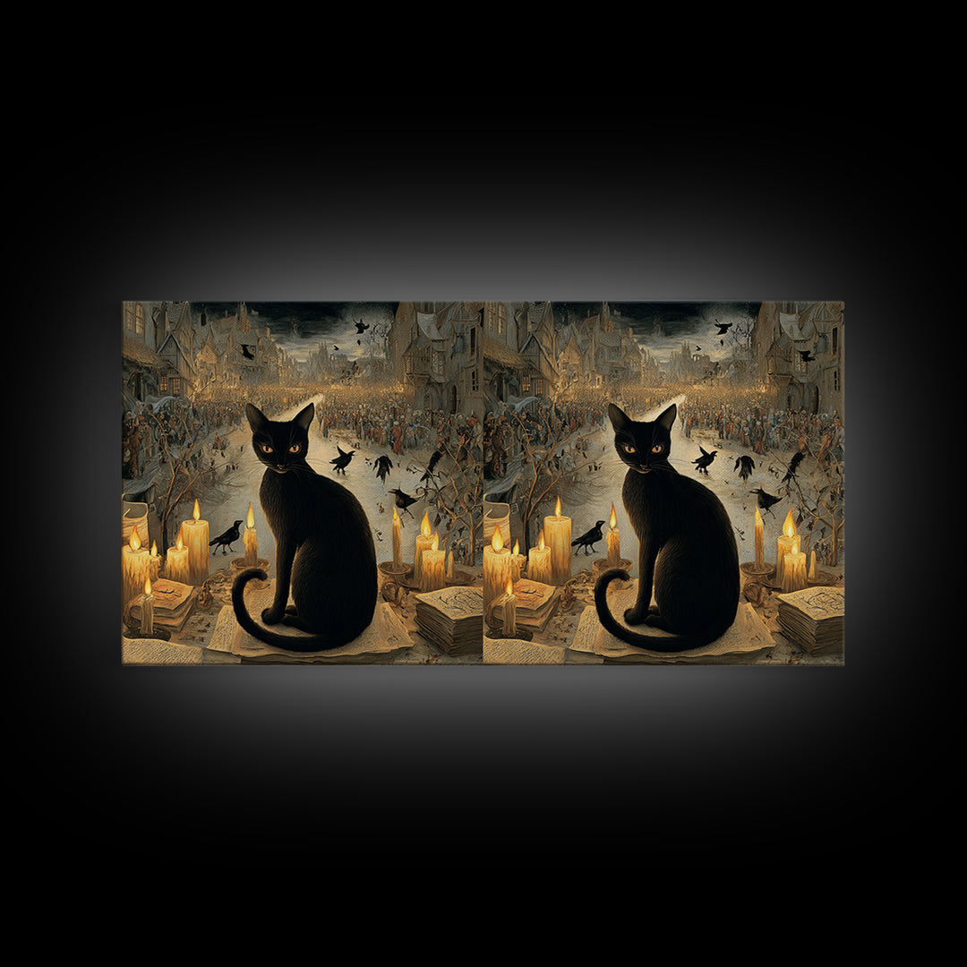 The Black Cat Familiar, Northern Renaissance Horror, Wide Panoramic Art, Dark Halloween Decor, Canvas Print, Halloween Wall Art