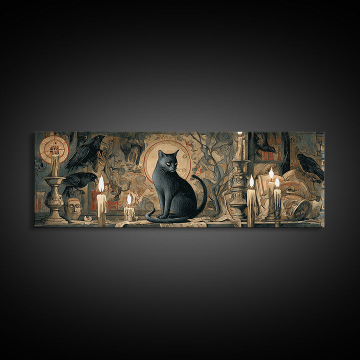 The Black Cat Familiar, Dark Renaissance Art, Extra Wide Wall Art, Dark Fantasy Wall Art, Framed Canvas Print, Halloween Wall Art