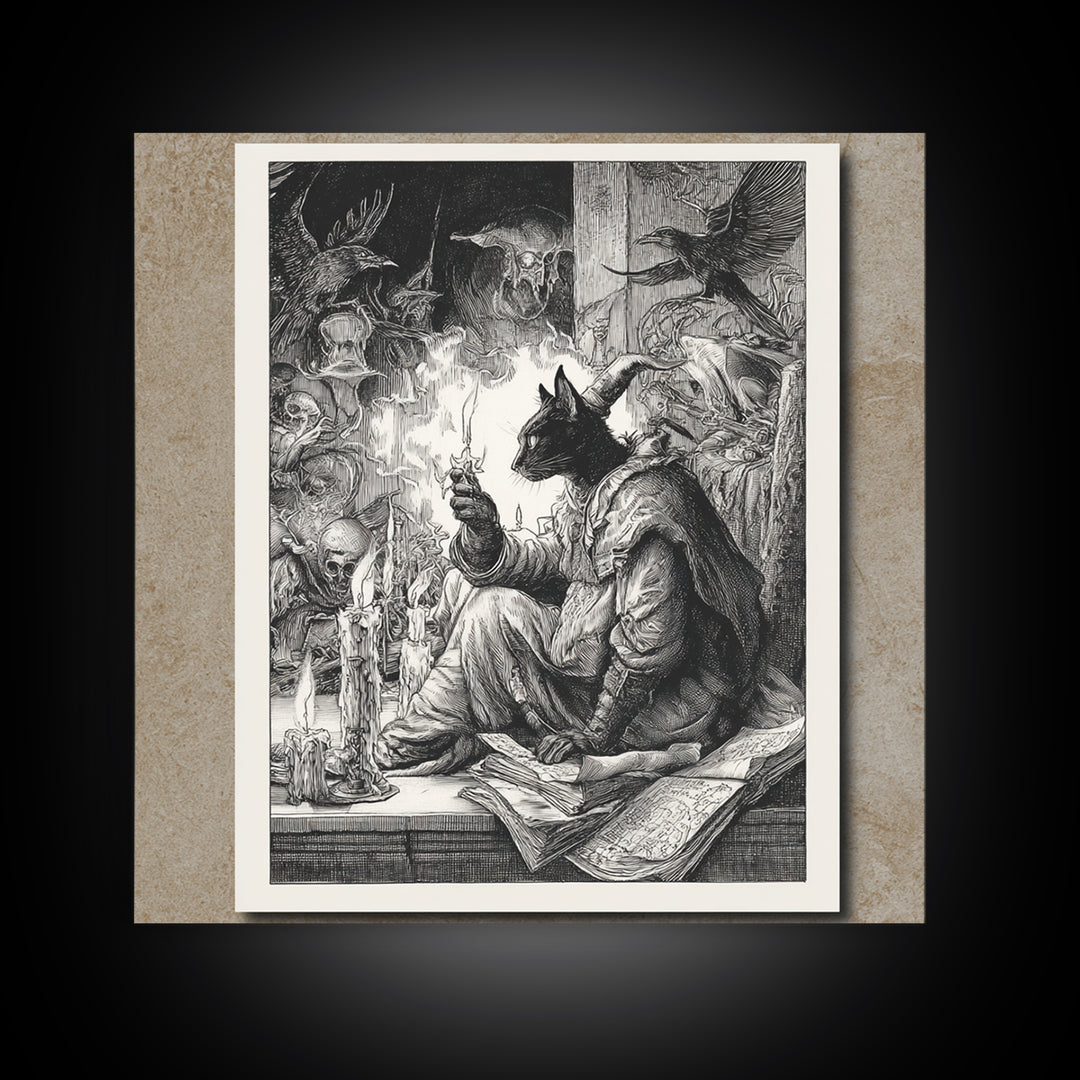 The Black Cat Familiar, Renaissance Engraving Art, Square Wall Art, Dark Fantasy Wall Art, Canvas Print, Halloween Wall Art