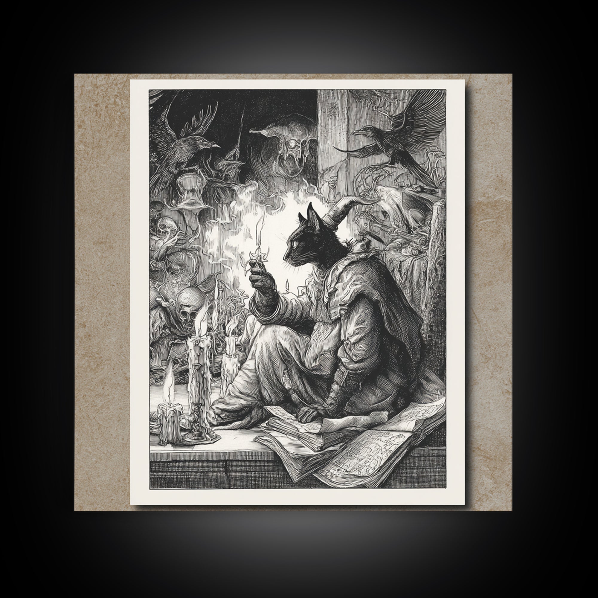 The Black Cat Familiar, Renaissance Engraving Art, Square Wall Art, Dark Fantasy Wall Art, Canvas Print, Halloween Wall Art
