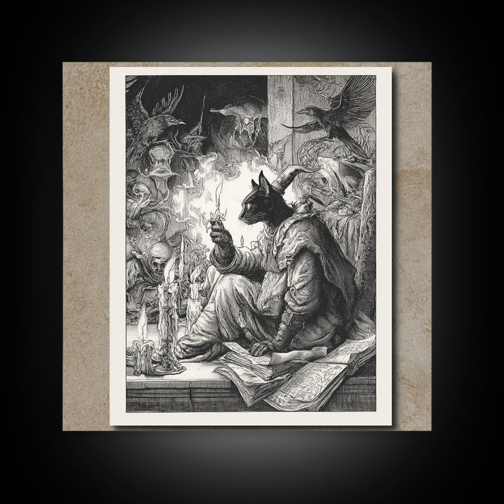 The Black Cat Familiar, Renaissance Engraving Art, Square Wall Art, Dark Fantasy Wall Art, Canvas Print, Halloween Wall Art