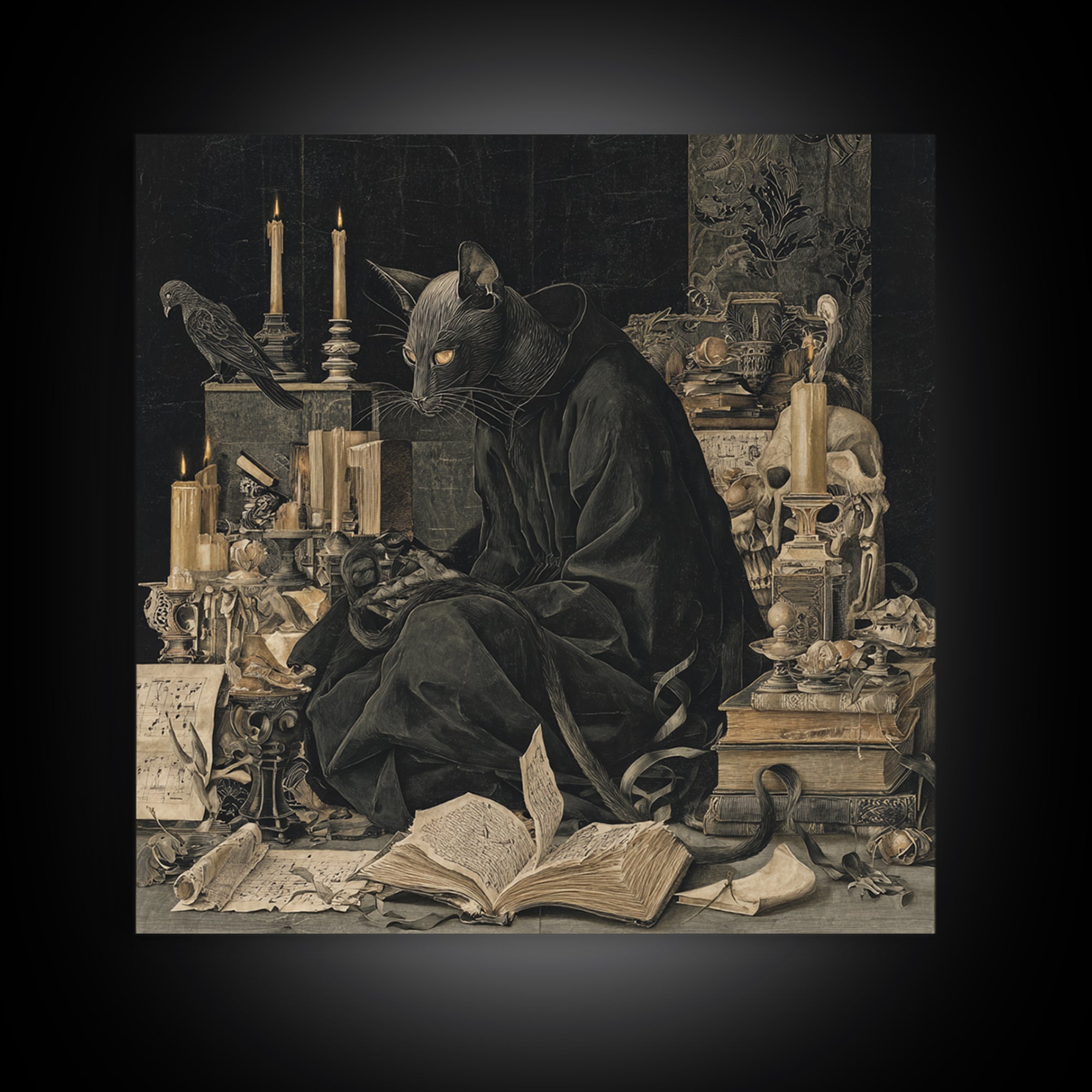 The Black Cat Familiar, Danse Macabre Art, Square Wall Art, Dark Halloween Decor, Canvas Print, Halloween Wall Art