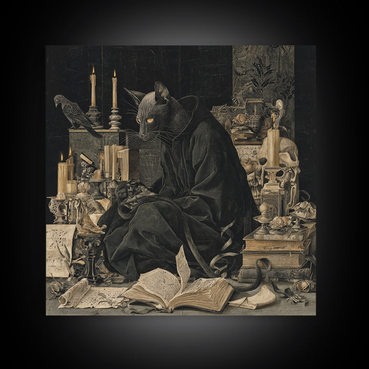 The Black Cat Familiar, Danse Macabre Art, Square Wall Art, Dark Halloween Decor, Canvas Print, Halloween Wall Art
