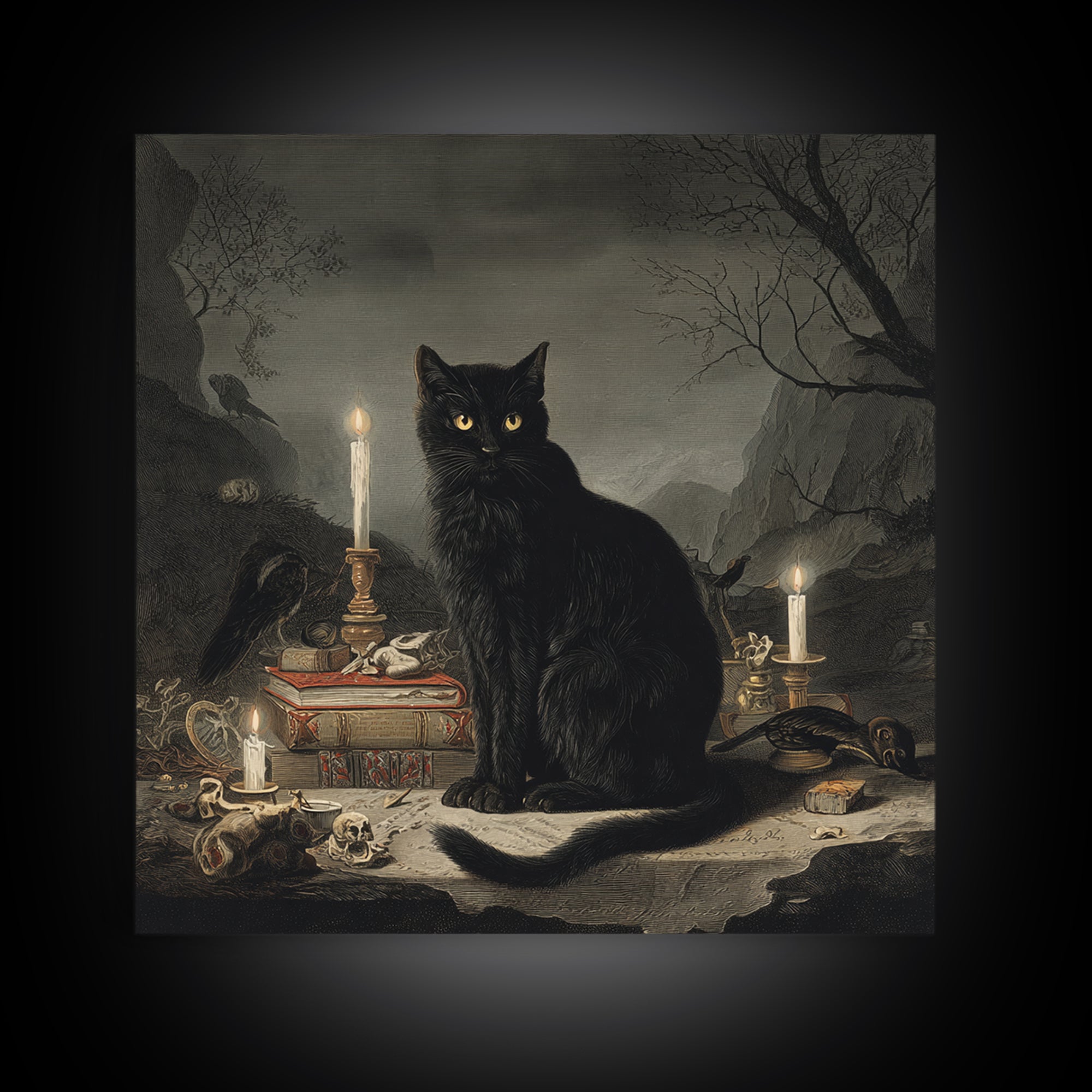 The Black Cat Familiar, Baroque Witchcraft Art, Square Wall Art, Macabre Wall Art, Framed Canvas Print, Halloween Wall Art