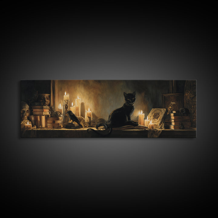 The Black Cat Familiar, Gothic Nightmare Art, Extra Wide Wall Art, Dark Halloween Decor, Canvas Print, Halloween Wall Art