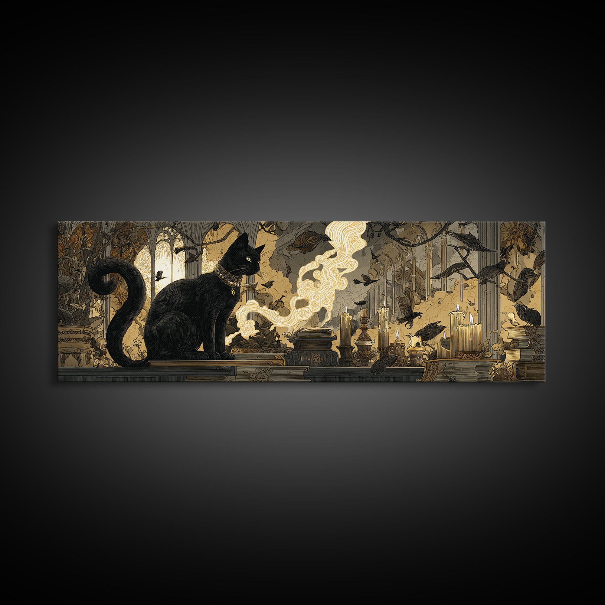 The Black Cat Familiar, Visionary Gothic Art, Extra Wide Wall Art, Macabre Wall Art, Canvas Print, Halloween Wall Art, Horror Wall Art