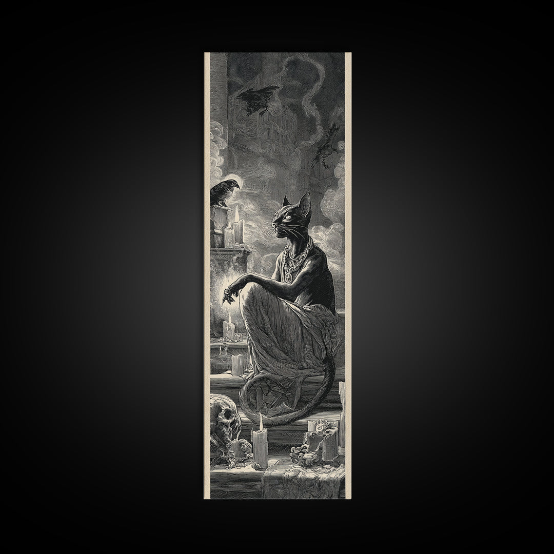 The Black Cat Familiar, Architectural Etching Art, Tall Narrow Wall Art, Gothic Horror Wall Art, Canvas Print