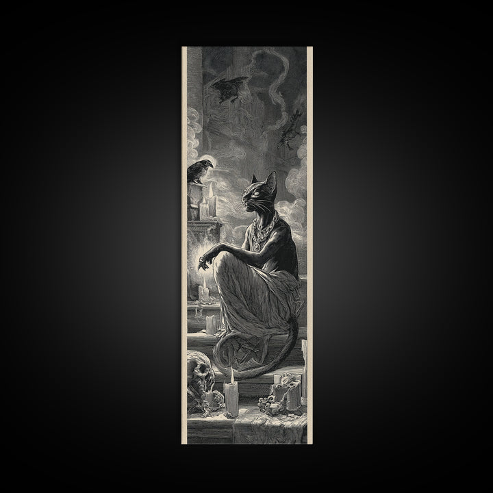 The Black Cat Familiar, Architectural Etching Art, Tall Narrow Wall Art, Gothic Horror Wall Art, Canvas Print