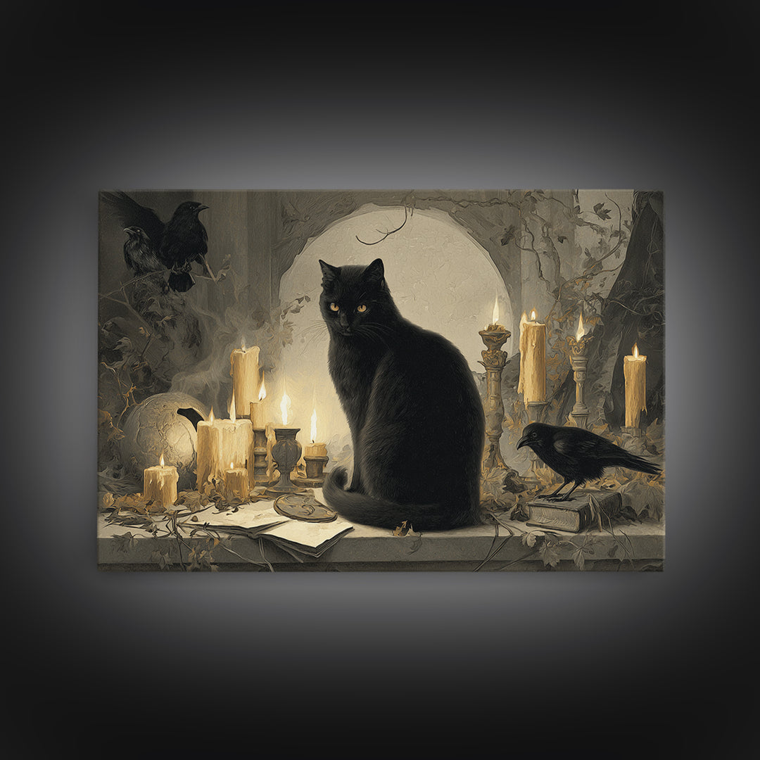 The Black Cat Familiar, Romantic Gothic Landscape, Landscape Wall Art, Dark Halloween Decor, Canvas Print, Halloween Wall Art