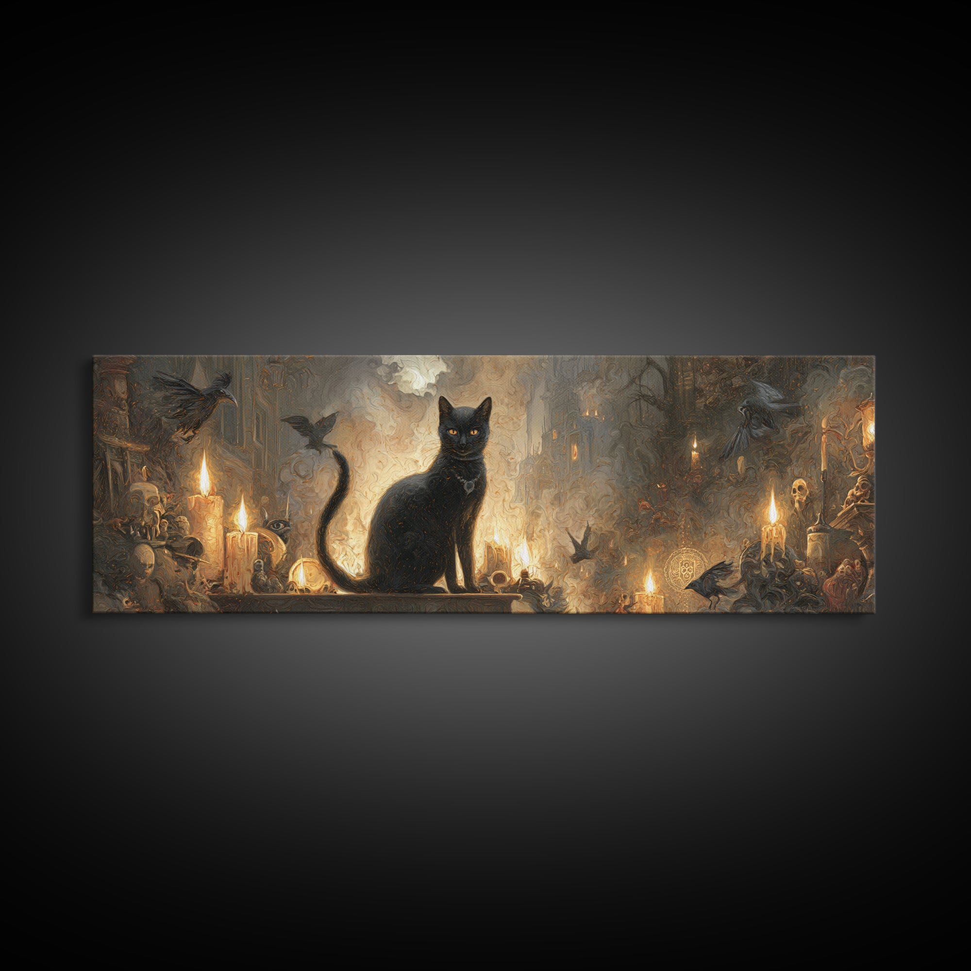 The Black Cat Familiar, Apocalyptic Romantic Art, Extra Wide Wall Art, Dark Fantasy Wall Art, Framed Canvas Print, Halloween Wall Art