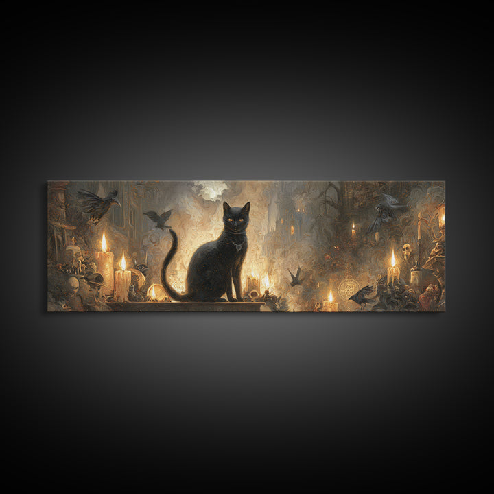 The Black Cat Familiar, Apocalyptic Romantic Art, Extra Wide Wall Art, Dark Fantasy Wall Art, Framed Canvas Print, Halloween Wall Art