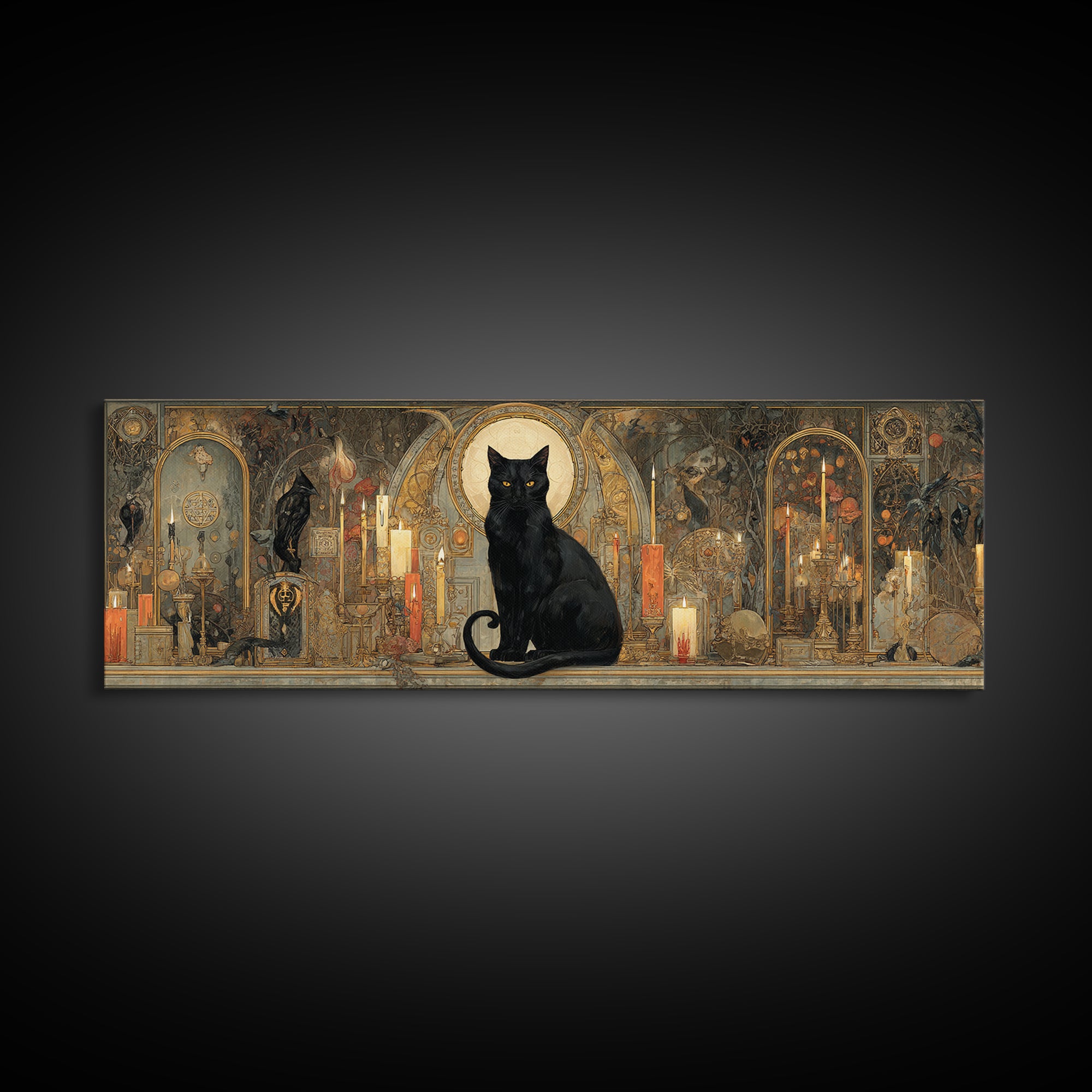 The Black Cat Familiar, Ornate Symbolist Art, Extra Wide Wall Art, Gothic Horror Wall Art, Canvas Print, Halloween Wall Art