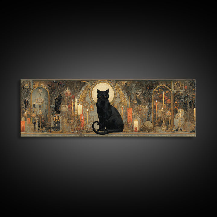 The Black Cat Familiar, Ornate Symbolist Art, Extra Wide Wall Art, Gothic Horror Wall Art, Canvas Print, Halloween Wall Art