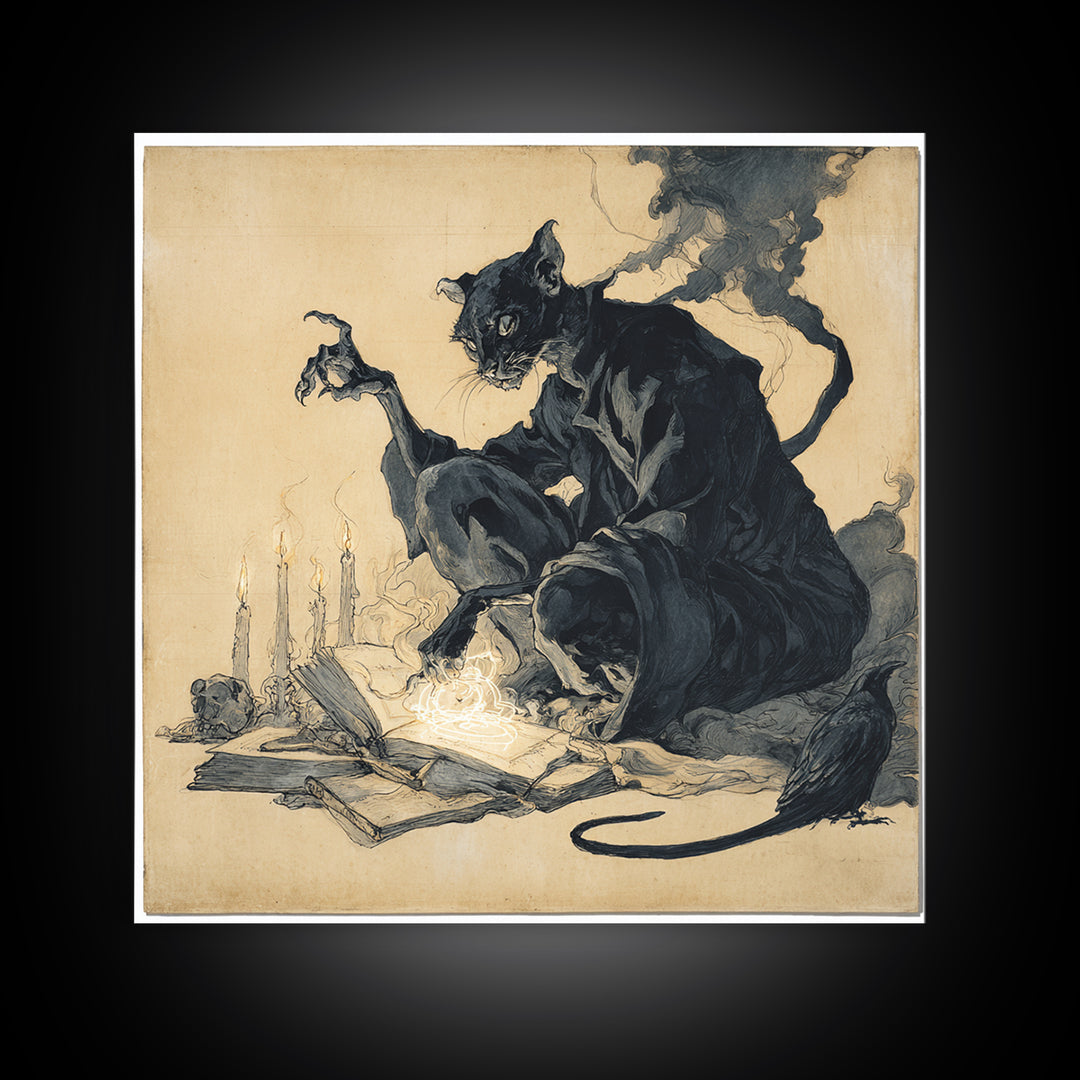 The Black Cat Familiar, Decadent Gothic Art, Square Wall Art, Dark Fantasy Wall Art, Canvas Print, Halloween Wall Art