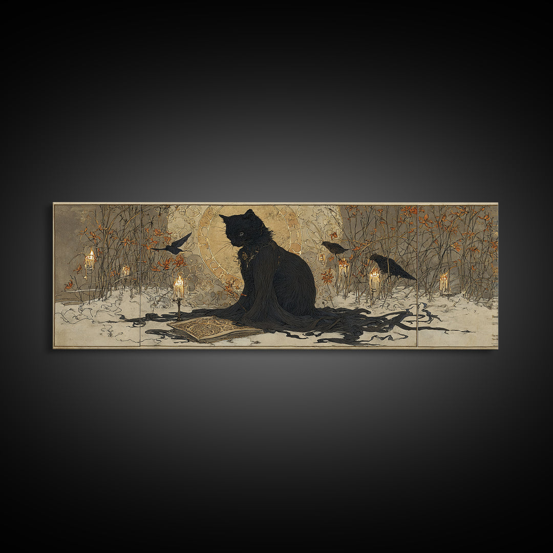 The Black Cat Familiar, Symbolist Death Art, Extra Wide Wall Art, Dark Fantasy Wall Art, Framed Canvas Print, Halloween Wall Art