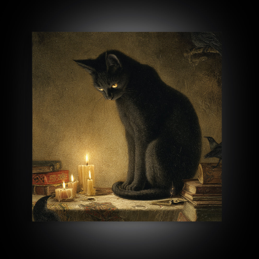 The Black Cat Familiar, Dark Symbolist Art, Square Wall Art, Dark Halloween Decor, Canvas Print, Halloween Wall Art