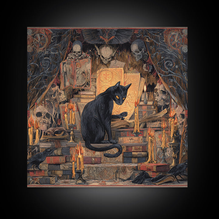 The Black Cat Familiar, Grotesque Carnival Art, Square Wall Art, Gothic Horror Wall Art, Framed Canvas Print, Halloween Wall Art